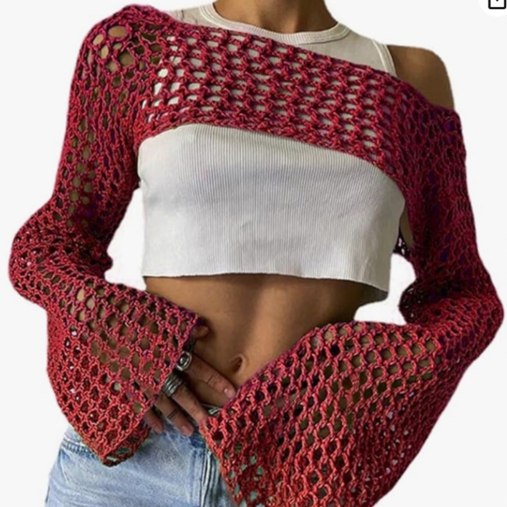 Mesh Crochet Crop Top Long Sleeve SIZE S